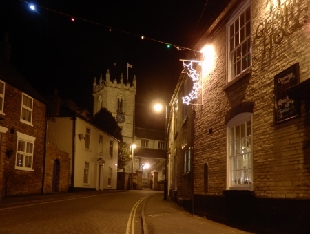 Church floodlit from George Hogg Pub